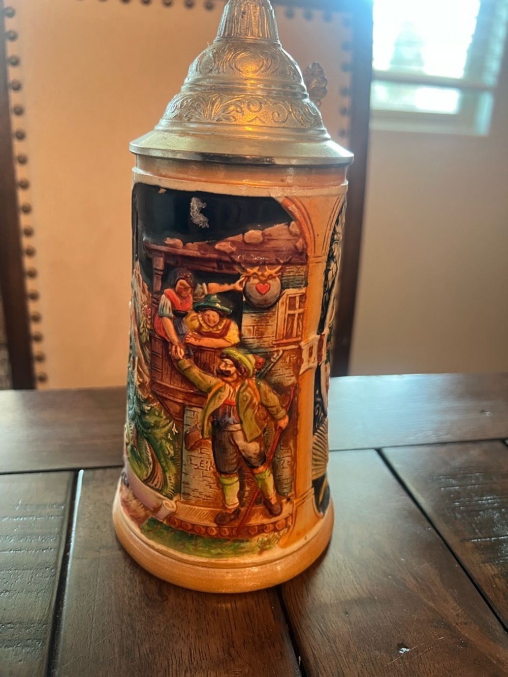 Decorative German-Style Ceramic Beer Stein with Pewter Lid - Multicolor